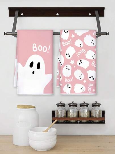2 件 15.7 英寸 X 23.6 英寸 Ghost BOO 图案拼色设计毛巾，节日厨房洗碗布，家居装饰手巾，适用于厨房、浴室、烘焙清洁、万圣节装饰