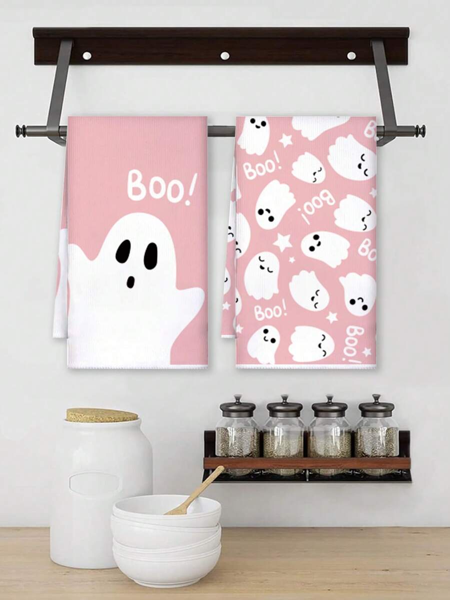 2 piezas Toallas de 15.7" X 23.6" con diseño de bloque de color y patrón de fantasma "BOO", toallas de cocina para festivales, toallas de mano para decoración del hogar, aptas para cocina, baño, limpieza de hornear, decoración de Halloween
