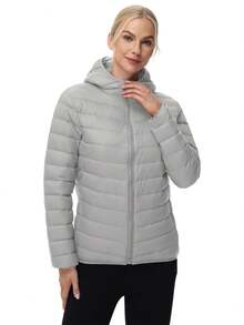 Winter Plus Size Women's Lightweight Packable Down Jacket, Hooded Long Sleeve Work Coat, Warm & Windproof For Autumn/Winter - Light Grey - View 2