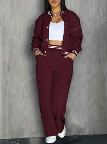 Jaqueta de beisebol feminina, roupa esportiva de cor sólida, roupa esportiva com bolso, conjunto de 2 peças para acampamento ao ar livre, moletom com capuz e cordão, roupa esportiva