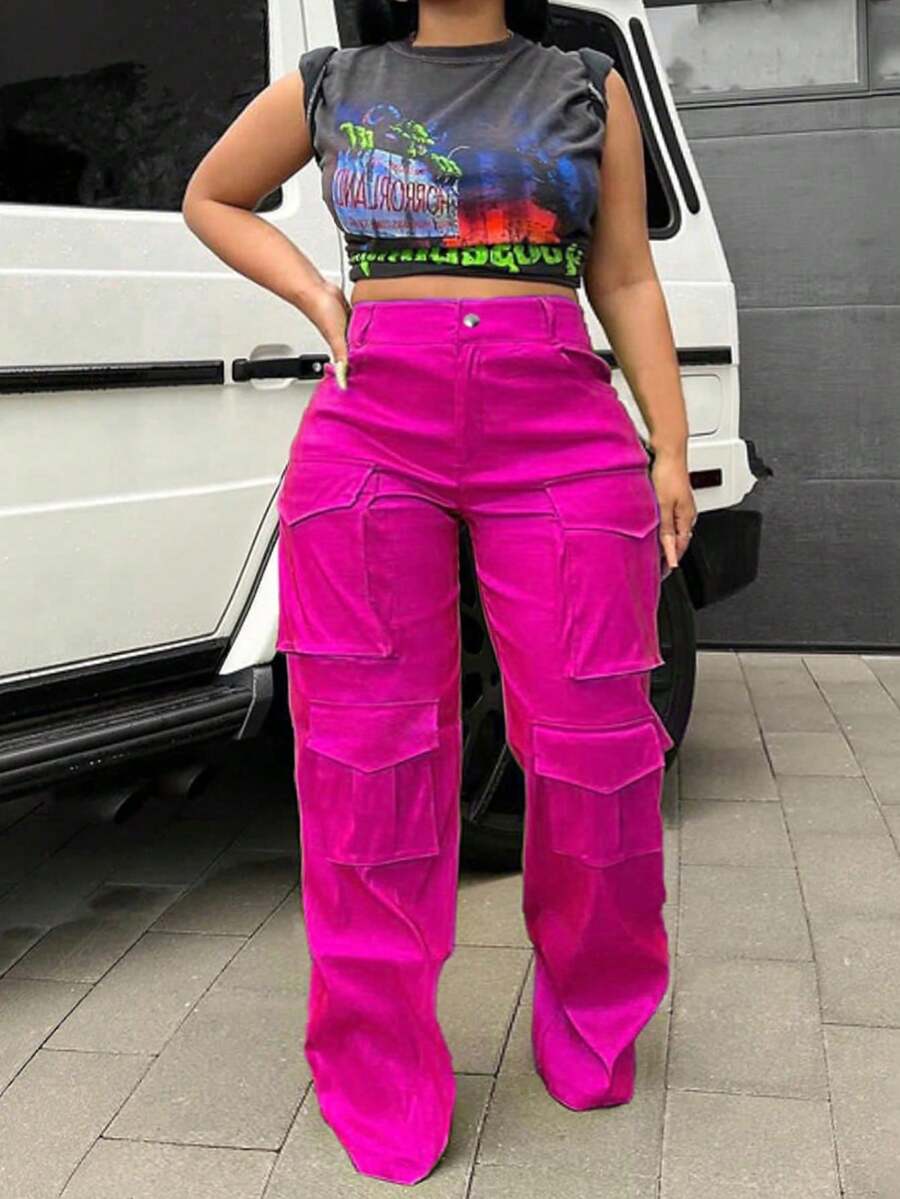 Pantalones cargo de punto elástico de unicolor con bolsillos para talla grande - Rosa Fucsia - Ver 1
