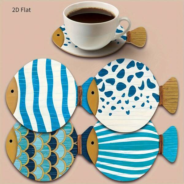 4/8 Stück verspielter fischförmiger Holzuntersetzer - leuchtende blaue und weiße Muster, hitzebeständig, ideal für Kaffee- und Teeliebhaber, perfekt für Heim, Bar oder Bürodekoration, Heimdekoration, Raumdekoration, Küchendekoration, Küchenausstattung, Weihnachtsdekoration, Weihnachtsgeschenke, Halloween-Dekorationen, Halloween-Geschenke, 10 cm x 12,4 cm, Schulanfang
