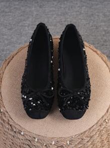 Bailarinas para mujer, zapatos planos de punta cuadrada con suela blanda, zapatos planos versátiles con lazo, mocasines planos negros con lentejuelas, tallas grandes 35-43, corren un tamaño talla grande grande