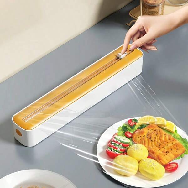 Dual-Function Food Wrap Cutter - Multipurpose Kitchen Sealing Machine For Plastic, Aluminum Foil, Baking Paper And Wax Paper - Decorative White-Yellow, White-Green, White-Blue Reusable Packaging Machine - Minimalist White-Black Design, Easy And Quick Kitchen Packaging Tool | Fashionable Household Appliance Appearance | Durable Plastic Material