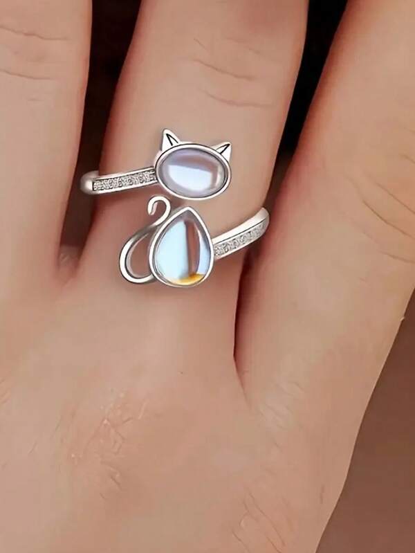 Anillo con forma de gato ajustable con piedra lunar - Diseño de dibujos animados con incrustación de vidrio, joyería de aleación de oro blanco, regalo perfecto para amigos, compañeros de clase, novias (Día del Maestro, temporada de graduación, temporada de regreso a clases)