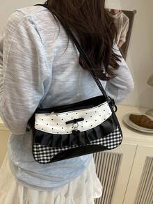 时尚新款拼色拼接蝴蝶结褶皱蕾丝装饰单肩包，流行百搭个性双色格纹女士手提包，适合逛街、钱包、购物、年轻女性、大学生、新人和白领人士。非常适合办公室、大学、工作、商务、通勤、户外活动、旅行和郊游 - 黑與白 - 查看 5