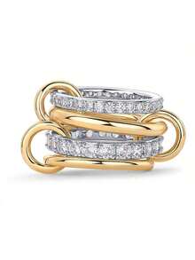 18K Gold Plated Interlocking Stackable Rings Set, Women's Personalized Rings With Cubic Zirconia, Suitable As Gifts - Serial - View 1