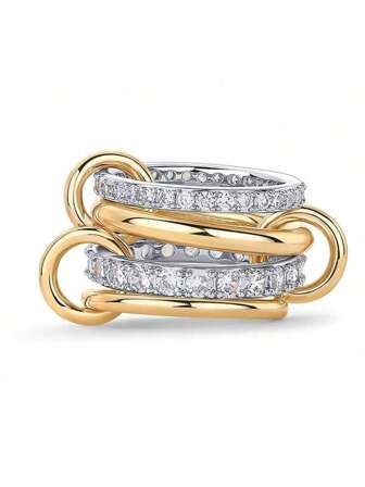 18K Gold Plated Interlocked Stackable Rings For Women Statement Ring Stack Set Gifts Cubic Zirconia Stacking Jewelry