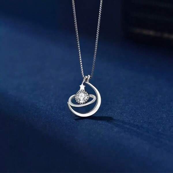 40 Points Moissanite Star & Moon 925 Sterling Silver Pendant Necklace, Gift For Wife/Girlfriend, Suitable For Daily Wear