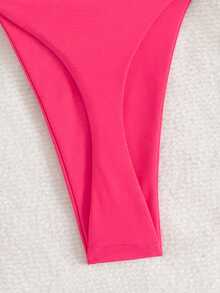 两件套简约性感挂脖系带豹纹比基尼泳衣套装，适合度假海滩夏季穿着 - 糖果紅 - 查看 5