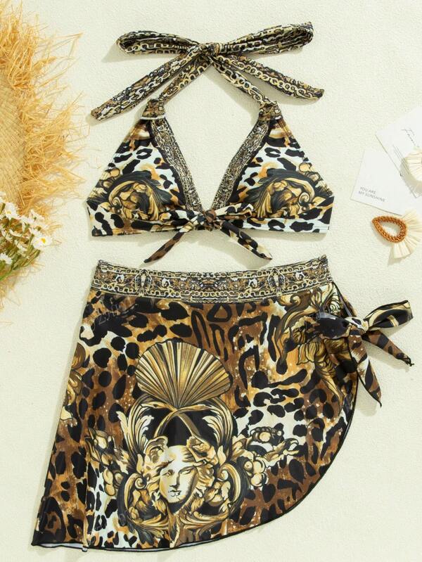 Retro Leopard Print Elegant & Dignified Fashion Women Bikini Swimsuit, All-Over Leopard Print, Drawstring Knot Front Tie Bow, For Holiday & Beach