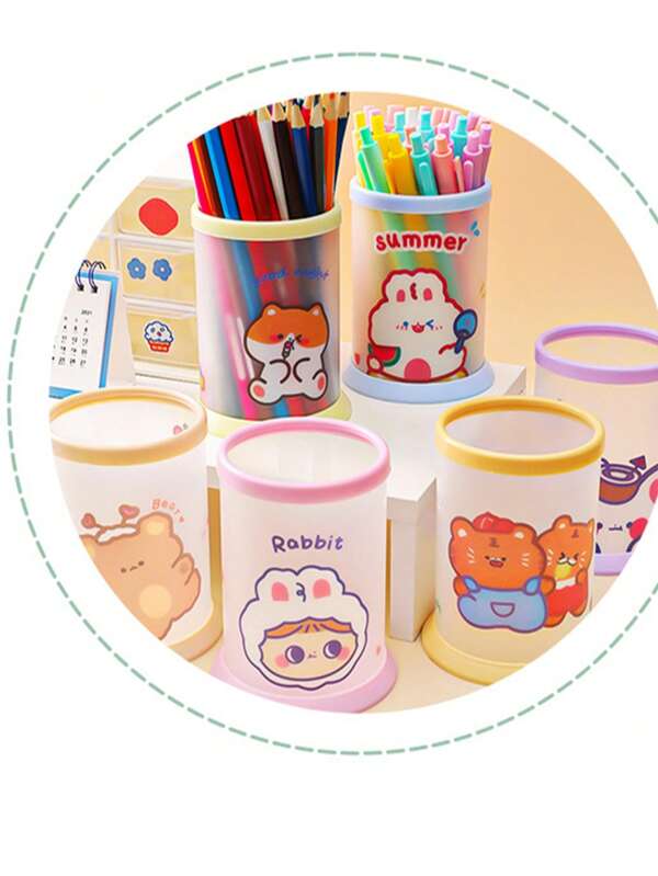 Cartoon Creative Round Folding Pen Holder, Cute Stationery Storage Pen Cup, Student/Office Desk Organizer Box (Self-Assembly, Easy To Assemble),For School Supplies,Back To School