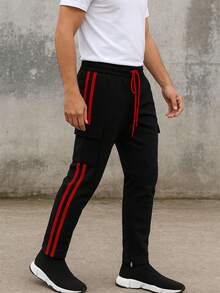 Mens Black And Red Side Stripe Cargo Track Pants Elastic Waist With Drawstring Ankle Zipper Streetwear ACtivewear Gym And Fitness Casual Pants  Regular Fit    Weekend Casual  Night Out  Sports  Daily - 黑紅 - 查看 1