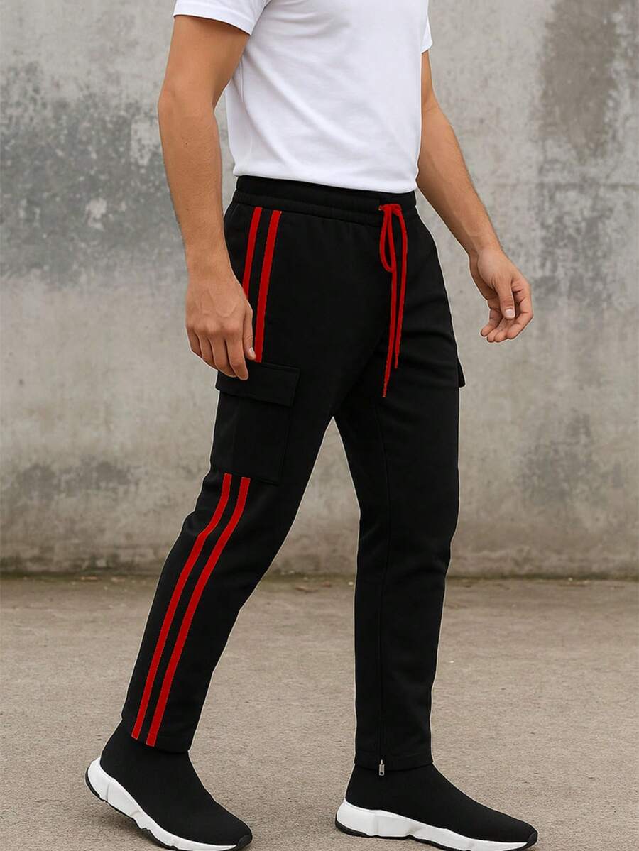 Mens Black And Red Side Stripe Cargo Track Pants Elastic Waist With Drawstring Ankle Zipper Streetwear ACtivewear Gym And Fitness Casual Pants  Regular Fit    Weekend Casual  Night Out  Sports  Daily - 黑紅 - 查看 1