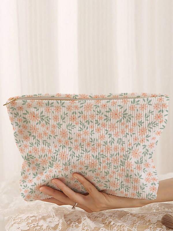 Plants Pattern Corduroy Makeup Bag, Lightweight Zipper Cosmetic Storage Bag Sweet Style Versatile Toiletries Organizer, Gift For Girls Women Friends Back To School ,School Supplies,Shop Back To School