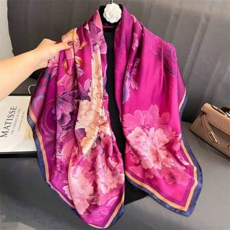 1pc Elegant Floral Printed Faux Silk Satin Scarf, Versatile Lightweight Shawl/Wrap, Suitable For All Seasons