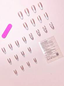 24 件/套优雅杏仁形全息 3D 水钻花卉法式美甲按压式指甲，含 1 件凝胶抛光和 1 件指甲锉，甜美浪漫外观适合日常约会美甲用品 - 彩色 - 查看 2