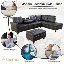 Sectional Sofa Couch, Modern 4-Seaters Living Room Furniture Sets With Chaise Lounge, L Shape Couch | Cup Holder | Faux PU Leather, Black,Living Rooms, Bedrooms, Apartments, And Offices
