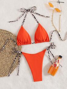 Set de 2 piezas Bikini minimalista y sexy con tiras de cuello halter y estampado de leopardo, para mujer