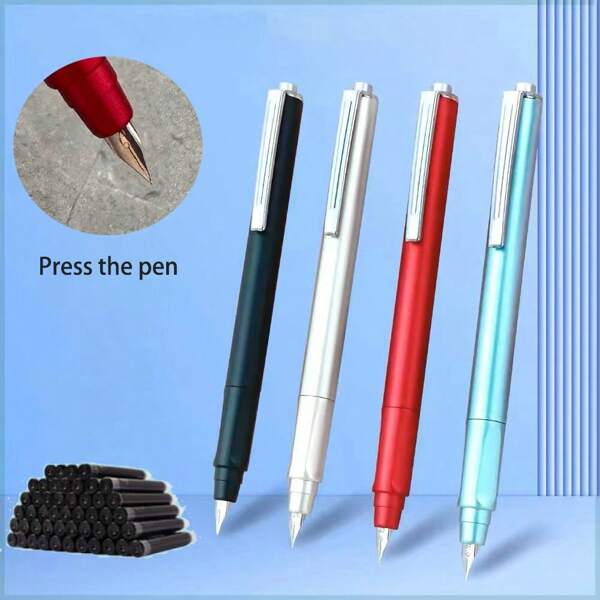 26pcs/52pcs/Set Of Push-Type Fountain Pen, Stainless Steel Nib, With Nib Protector, Writing Correction Pen Grip, Suitable For Practicing Calligraphy, Daily Writing, Calligraphy Practice,