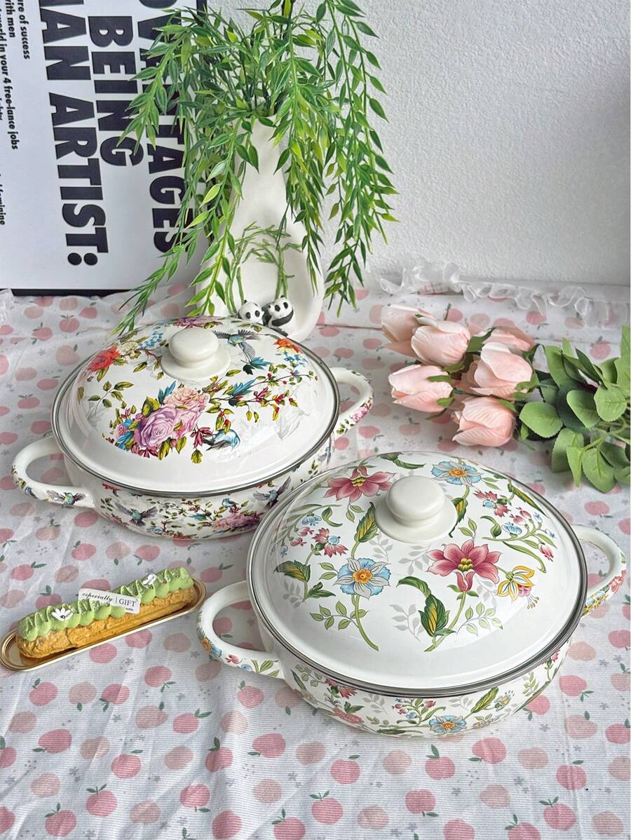 1set φ24cm/9.45in Multifunctional Extra-Thick Enamel Baking Pan, Double Handles And Enamel Lid - Perfect For Outdoor Gatherings, Stews, Soup Pots And Serving Dishes. Suitable For Food, Snacks, Fruits, Sushi, Pizza, Desserts