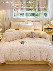 3/4pcs Bedding Set, Cartoon Rabbit Pattern Duvet Cover, Yellow Daisy Double-Sided Print Duvet Cover Set, Skin-Friendly & Breathable, Zipper Closure, Soft & Cozy Bedroom Bedding Set, Cute & Fresh Style With Black Polka Dot Print Pattern, Suitable For All Seasons (Includes 1 Duvet Cover, 1 Bed Sheet, 1 Or 2 Pillowcases, No Filler) - Rabbit Dream Blossom - View 4