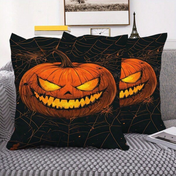 1PC Halloween Themed Pillowcase. Spider Webs And Evil Pumpkin Patterns Create A Festive Atmosphere And Decorate Pillowcases. Suitable For Decorating Sofas, Beds, Cars And Other Scenes, Suitable For Year-Round Use, Can Enhance Home Aesthetics. (Excluding Pillow Core)