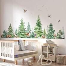 1Set Watercolor Pine Tree Jungle Animals Wall Stickers, Wildlife Woodland Forest Tree Fox Deer Bear Wall Decals,For Playroom,Bedroom,Living Room Home Decor - Multicolor - View 2
