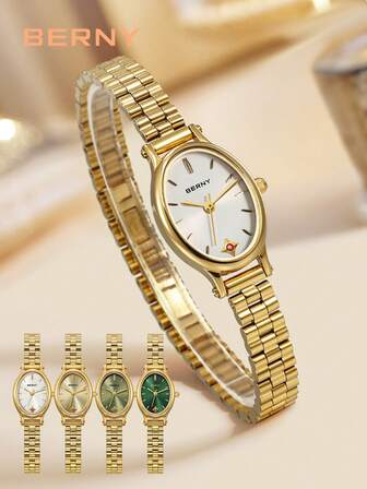 BERNY Women's Gold Stainless Steel Fashion Casual Watch-Four-Pointed Star Ruby,Compact Oval Minimalist Dial,Sapphire-Coated,30M Water-Resistant Quartz Watch For Daily Casual Wear
