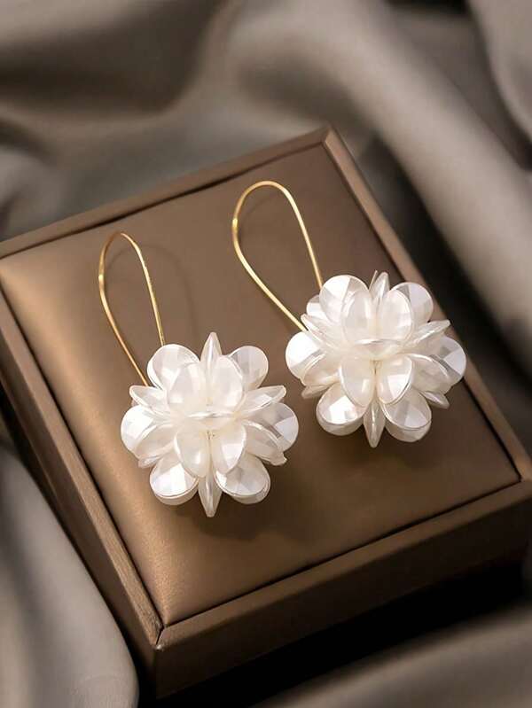 1 Pair Dramatic French Design Long Floral Ball Earrings, Minimalist White Petal Geometric Drop Earrings, Elegant Ear Studs (Excluding Gift Box)