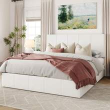 Allewie Full/Queen/King Size Velvet Lift Up Storage Bed Frame, Vertical Channel Tufted Headboard, Hydrualic Underneath Storage, Upholstered Platform Bed, Wooden Slats Support, No Box Spring Needed, White - White - View 2