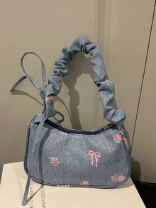 1 件浅蓝色尼龙面料光滑拉链花卉印花抽绳肩带设计时尚百搭休闲新款夏季小号独特单肩包，适合女性日常使用 - 藍色 - 查看 3
