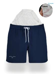 Men's Summer Navy Blue Drawstring Waist Slant Pocket Hawaiian Quick-Dry Double-Layer Mesh Lining Shorts, 3D Printed Fashion Casual Beachwear Swim Trunks