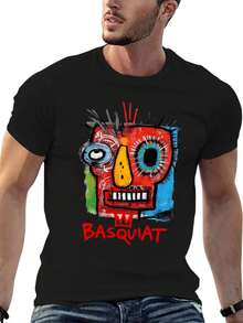 Men's Summer T-Shirt, Jean And Michel Artist Basquiat Oversized T Shirt Loose Fit Vintage Washed Short Sleeve Tee For Men Women, Comfortable Crewneck - 黑色 - 查看 5