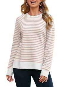 Womens Long Sleeve Sweatshirt Casual Crewneck Sweatshirts Loose Fit Pullover Tops - 淺卡其條紋 - 查看 1