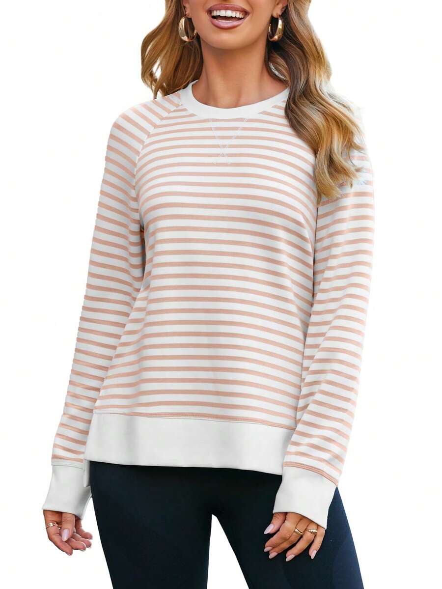 Womens Long Sleeve Sweatshirt Casual Crewneck Sweatshirts Loose Fit Pullover Tops - 淺卡其條紋 - 查看 1