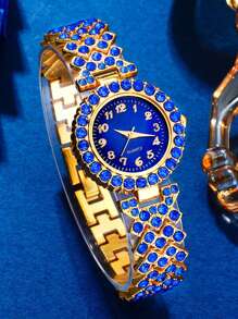 Conjunto de 6 relógios femininos, relógio digital feminino de liga metálica, simples e moderno, luxuoso, com strass azul, conjunto de pulseiras de liga metálica azul, colar, pulseira, brincos, anel, conjunto de relógio e pulseira, adequado para reuniões diárias, um presente para mães