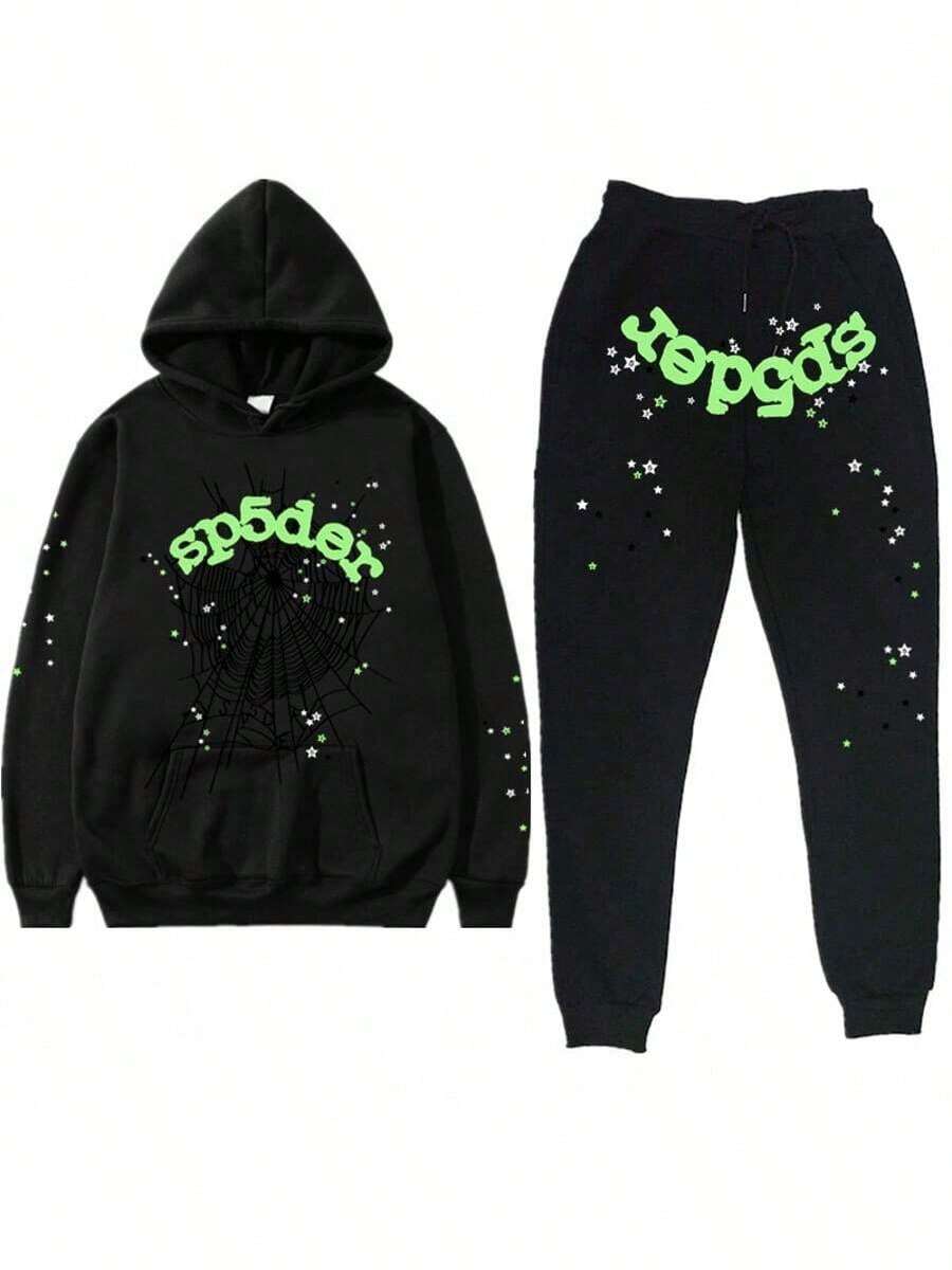 2-Piece Hoodie Set, Letter Spider Print Ankle Pants, Long Pants, Hoodie, Sweater, Sports And Leisure Set - Đen Xanh Lá Cây - Xem 1