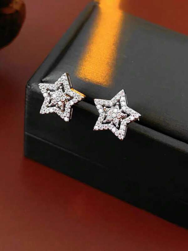 2pcs Cubic Zirconia Five-Pointed Star Decorated Silver-Color Women Stud Earrings