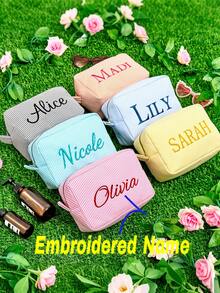 1pc Personalized Large Embroidered Name Letter Makeup Bag, Beach Vacation Storage Pouch, Tulle Cosmetic Organizer Bag, Large Capacity Clutch, Bridesmaid Gift, Toiletry Bag, Embroidered Name Outdoor Pouch - Multicolor - View 2