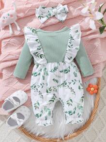 2 Stücke/Set Baby Mädchen Herbst/Winter grün Langarm Spitze Schleife Knopf Blatt Allover Muster Romper und Stirnband Set