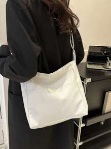 Solid Color PU Fabric Simple Large Capacity Handbag, Solid Color Casual Shoulder Bag, Women's Multifunctional Fashionable Portable Handbag, Retro Wide Shoulder Strap Square Bag, Fashionable Travel Shopping Bag, New Business Leisure School Commuting Shoulder Bag