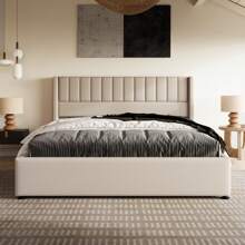 Cama tapizada 160x200 cm, cama hidráulica de lino, diseño de rayas verticales, somier moderno con espacio de almacenaje, cama funcional con canapé, estructura de metal, color beige lino