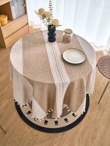 1pc American Farmhouse Style Tablecloth, Coffee Brown Striped Embroidered Tassel Decorative Cloth, Multi-Functional Cover For Coffee Tables, Office Desks, Parties, Weddings, Home Decor, All Season - Coffee Brown - View 3