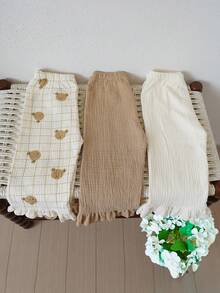 3件套女宝宝秋装春秋荷叶边长裤可爱小熊印花卡通裤子婴儿休闲裤衣服 - 杏色 - 查看 2