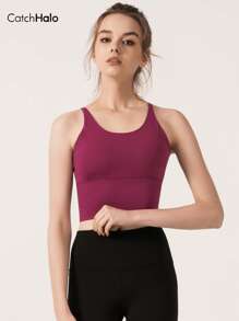 Catch Halo Criss Cross Back Workout Cropped Top For Women - Scoop Neck & Strappy Back Design Sport Cami Top | 4-Way Stretch Quick Dry Breathable Medium Support Workout Tank Top For Yoga, Pilate, Running, Cycling, Gym (Wine Red, S~XL)