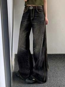 Jeans para Mujer - Pantalones De Mezclilla Sueltos, Moda Casual con Cintura Alta y Pierna Ancha - Negro - Ver 3
