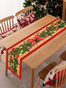 1pc Christmas Table Cover, 180x35cm Christmas Tree Branches Bow Design Polyester Table Runner For 6-8 Seater, Seasonal Winter Xmas Party Table Decoration, Christmas Decorations For Home 2025, Holiday Indoor Home Kitchen Decor