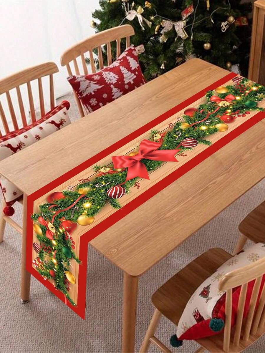 1pc Christmas Table Cover, 180x35cm Christmas Tree Branches Bow Design Polyester Table Runner For 6-8 Seater, Seasonal Winter Xmas Party Table Decoration, Christmas Decorations For Home 2025, Holiday Indoor Home Kitchen Decor
