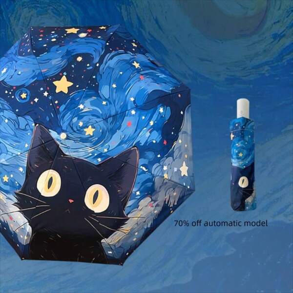 1pc New Cute Van Gogh Cat Folding Umbrella, Dual-Use Sunshade & Rainproof Umbrella, Automatic, UV Protection, Fashionable Black Cat Pattern, Thick Anti-UV Foldable Travel Umbrella For Men & Women, Students